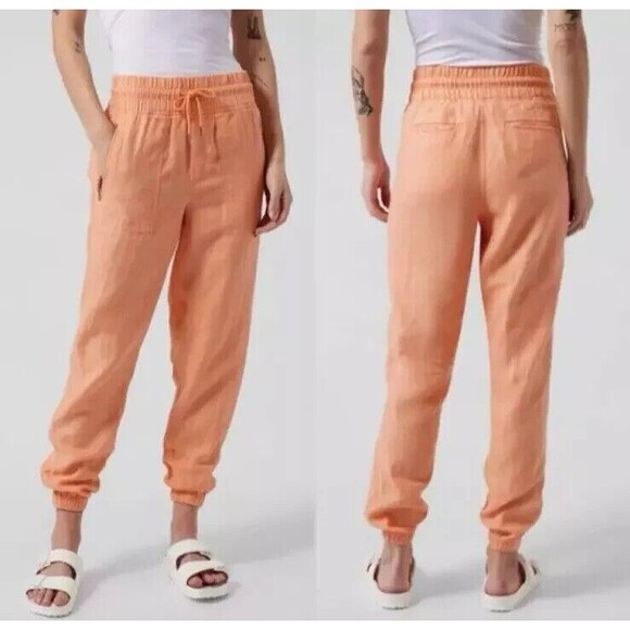 Athleta Cabo Linen Joggers Orange Drawstring Breathable Beach Women's Size 10 - Picture 1 of 8